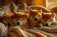 Four adorable Shiba Inu puppies sleeping together on knitted blanket, warm golden lighting creates cozy atmosphere for pet and lifestyle content.