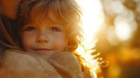 Young caucasian girl with curly blonde hair smiling at sunset, warm golden bokeh background creates dreamy atmosphere, close up portrait with soft natural lighting.