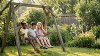 Happy multiracial family with young son enjoying quality time together on wooden garden swing in sunny backyard surrounded by lush greenery and plants.