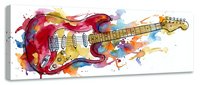 Colorful watercolor electric guitar with vibrant splashes and drips in red, yellow, and blue tones. Isolated on white background, ready for music-themed designs and wall art.