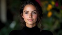 Young woman with natural makeup wearing black turtleneck sweater poses against blurred floral background. Soft lighting highlights gentle smile and relaxed expression.