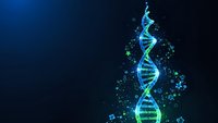 Digital DNA double helix structure with glowing blue and green particles on dark background for biotechnology and genetic research presentations.