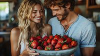 Happy couple sharing fresh strawberries in modern kitchen, romantic moment with healthy fruit, love and nutrition lifestyle concept.