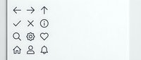 Minimalist user interface icon set with navigation arrows, checkmarks, search and settings symbols on clean white background for web design applications.