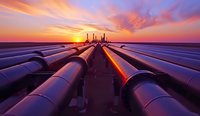 Industrial oil pipeline infrastructure stretching toward horizon under dramatic sunset sky with vibrant orange and purple clouds for energy concepts.