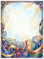 Ornate decorative frame with swirling gold and jewel-toned flourishes, stars, and watercolor clouds. Isolated on white background, ready for invitations, certificates, posters, and design projects.