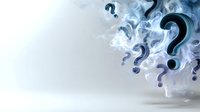 Blue question marks emerging from swirling smoke against white background, creating mysterious and conceptual composition for business presentations and problem-solving themes.