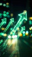 Glowing green neon arrows pointing upward with particle effects and bokeh lights on dark background, representing growth, success, and financial progress for business presentations.