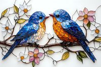 Mosaic art depicting pair of bluebirds perched on flowering branch, crafted with vibrant blue and orange glass pieces against white background. Decorative wall art style.