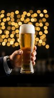Hand holding a cold beer glass with golden bokeh lights in background, perfect for beverage, bar, and celebration marketing materials.