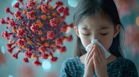 Young Asian girl with tissue sneezing against blurred coronavirus background in teal and red tones, depicting health concerns and virus protection during pandemic season.