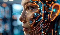 Female profile with glowing circuit patterns overlaid on face against blurred blue bokeh background, representing artificial intelligence and digital transformation.