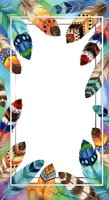 Colorful feather frame border with white center space, isolated on transparent background, ready for design projects, invitations, posters, and creative layouts.