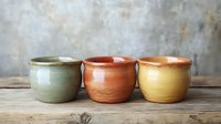 Handcrafted ceramic pottery cups in sage green, terracotta, and honey yellow glazes arranged on rustic wooden surface against weathered concrete wall background.