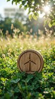 Wooden coin with engraved wind turbine symbol resting in green clover meadow with sunlight bokeh, representing clean renewable energy concept.