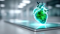 Glowing holographic heart model floating above digital tablet screen in medical office, futuristic healthcare technology visualization in blue and green colors.
