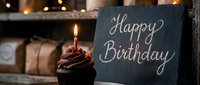 Chocolate cupcake with a lit candle beside a chalkboard sign with Happy Birthday text, warm bokeh lights in the background.