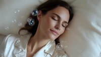 Young Caucasian woman with closed eyes lying on white bedding surrounded by floating soap bubbles, expressing serenity and relaxation in soft natural lighting.