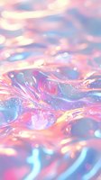 Dreamy iridescent liquid surface with pink and blue holographic waves creating magical light effects and sparkles, suitable for abstract backgrounds and design projects.
