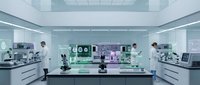 Modern laboratory interior with scientists in white coats working at advanced equipment and workstations in sterile research facility environment.
