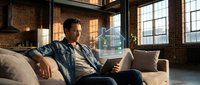 Relaxed Caucasian man in casual denim shirt using laptop computer while sitting on modern sofa in stylish industrial loft apartment with exposed brick walls.