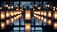 Glowing lanterns create atmospheric lighting with reflections on wet surface, arranged in symmetrical rows leading into dark background for moody ambiance.