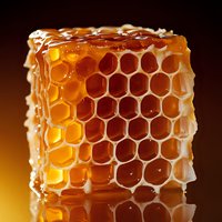 Fresh honeycomb piece with golden honey dripping from hexagonal cells, captured in macro photography against warm background with reflection on glossy surface.