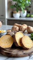 Fresh cut raw sweet potatoes on wooden cutting board showing vibrant orange flesh and natural pattern, with whole potatoes and houseplants in soft focus background.