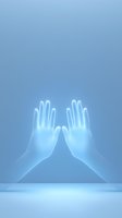 Glowing ethereal hands reaching upward against soft blue background, creating spiritual and peaceful atmosphere for wellness, meditation and healing concepts.