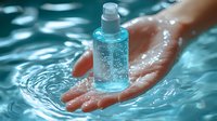 Clear sanitizer bottle in wet palm with water drops and aqua background, fresh clean hygiene concept for health protection and disinfection.