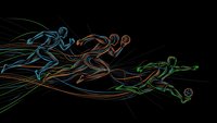 Neon line art runners in dynamic motion with colorful glowing trails on black background for sports and fitness designs.