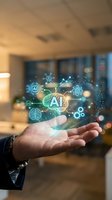 Close-up of male hand holding glowing AI hologram with brain and tech icons in modern office. Represents artificial intelligence, machine learning, and digital innovation for business solutions.