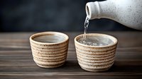 Pouring sake from ceramic bottle into traditional Japanese cups on wooden table, dynamic liquid stream captured in motion against dark background.