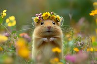 Adorable hamster wearing floral crown of yellow daisies and wildflowers stands in blooming summer meadow against soft green bokeh background.