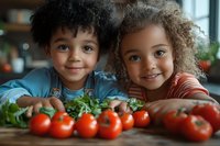 African American children smiling at kitchen table with fresh vegetables and tomatoes, promoting healthy eating habits and family cooking lifestyle.