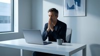 Stressed middle-aged Caucasian businessman in dark suit sitting at modern office desk with laptop, hand on face showing work pressure and fatigue.