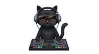 Black cat wearing sunglasses and headphones operating DJ turntable mixer equipment on white background, isolated character for music and entertainment design projects.