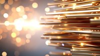 Glowing fiber optic cables transmit light signals against blurred golden bokeh background, creating modern technology and communication concept.