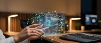 Businessman hand touching digital hologram with padlock and network connections, representing cybersecurity and data protection technology for business solutions.
