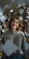 Young woman with shoulder-length wavy blonde hair and fair complexion smiling brightly while surrounded by falling white papers and confetti against neutral background. Perfect for lifestyle, happiness, and celebration concepts.