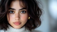 Young woman with dark wavy hair and striking blue eyes wearing white turtleneck sweater against soft blurred background, natural makeup and gold stud earring.