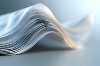 Elegant curved paper sheets creating smooth flowing waves against soft blue background, macro photography capturing delicate texture and light gradients.
