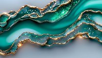 Luxurious emerald green and gold abstract fluid art with flowing organic shapes and metallic accents for modern interior design and sophisticated decor.