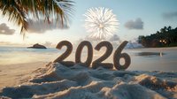 Festive 2026 numbers on tropical beach sand with fireworks explosion and palm leaves at sunset, celebrating New Year on paradise island coastline.