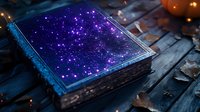 Mystical book with glowing purple starry cover on wooden surface, surrounded by autumn leaves and soft bokeh lights, creating magical atmosphere.