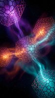 Futuristic hexagonal cubes floating in cosmic space with vibrant neon lights and energy beams creating sci-fi atmosphere for technology designs.