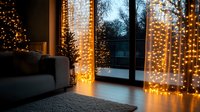Cozy winter evening with warm fairy lights cascading from ceiling to floor, illuminating modern living room with grey sofa and large windows overlooking snowy landscape.