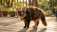 Fluffy tortoiseshell cat standing on a sunny wooden deck surrounded by garden plants in warm golden light.