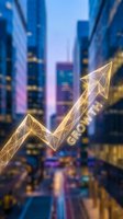 Glowing upward arrow with growth text overlaid on blurred cityscape at dusk, symbolizing business expansion, financial success, and market growth for corporate presentations.