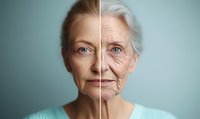 Split face portrait showing aging process of senior Caucasian woman with blue eyes and silver hair, comparing smooth young skin to natural wrinkles against teal background.